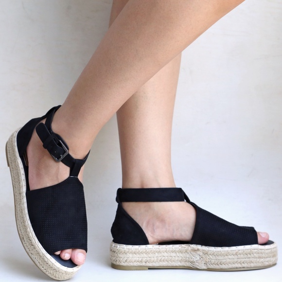 Black Peep Toe Flatform Espadrille Sandals NIB - Picture 2 of 3